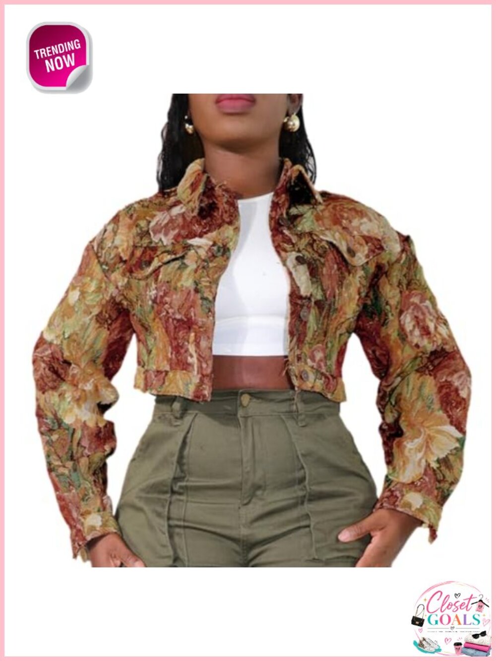 Vintage Floral Jacquard Cropped Jacket Button Front